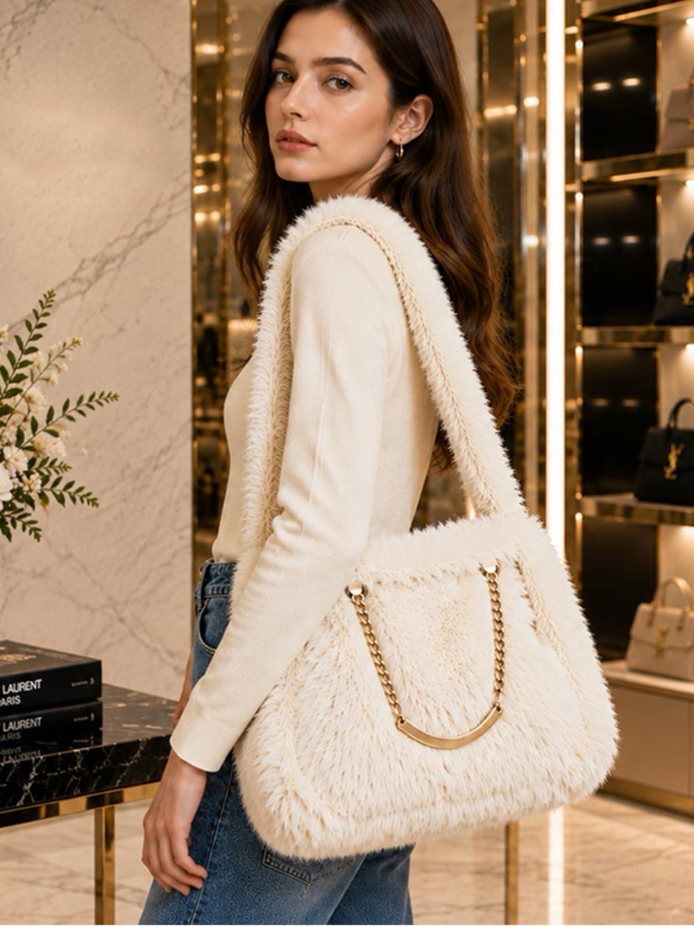 Luxury Cream Faux-Fur Shoulder Bag with Gold Chain